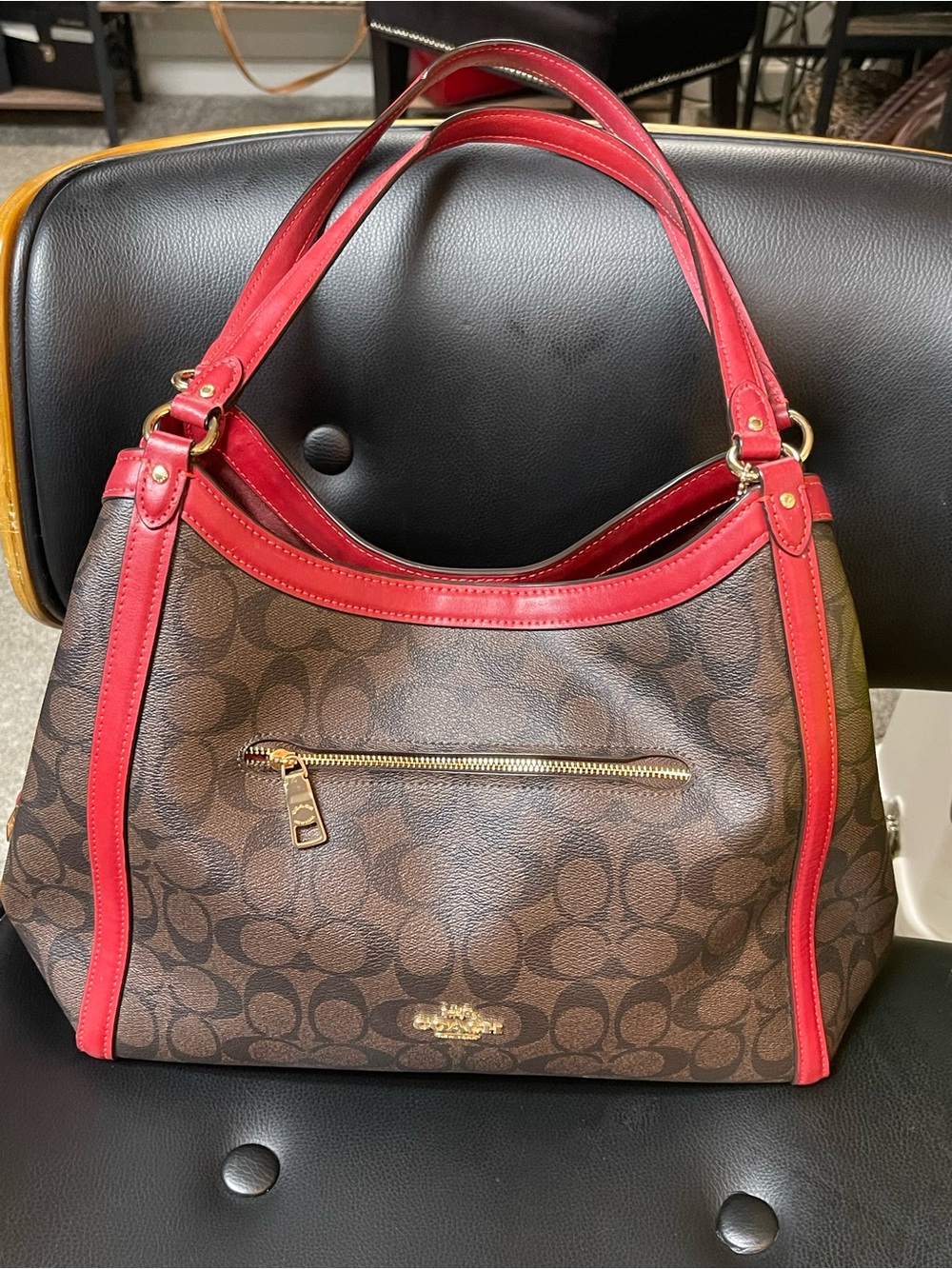 Coach Brown Signature Hobo with Red Trim